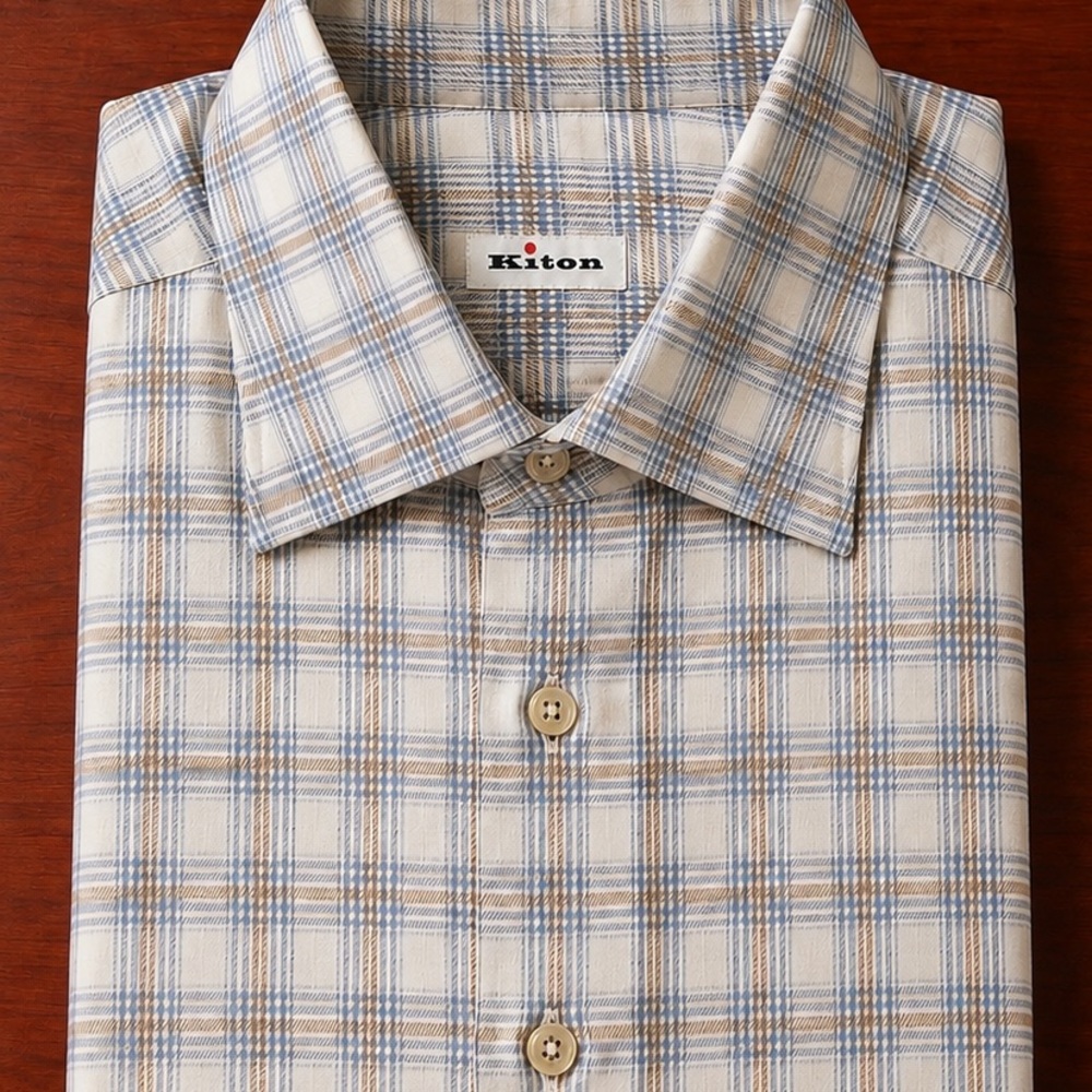 Kiton Cream and Light Blue Plaid Casual Button-Down Shirt